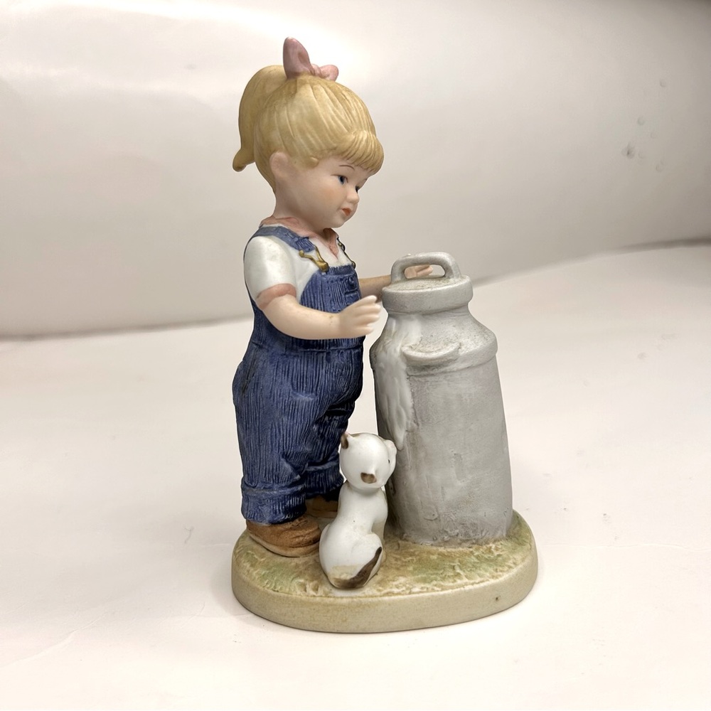 Denim Days by Homeco Vintage Figurine Girl with Milk Jug and Cat Home Interiors